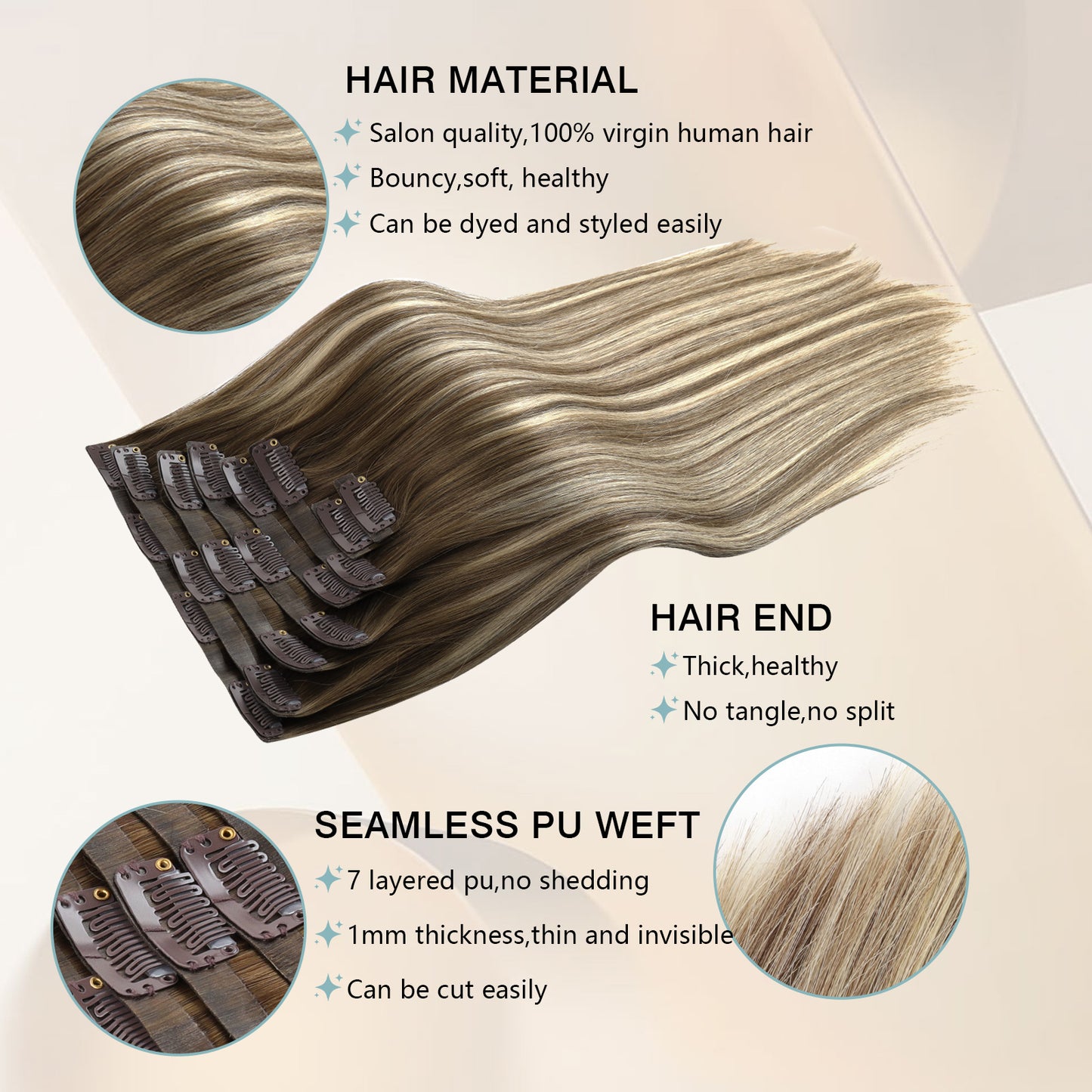 Seamless PU Clip in Extensions Virgin Hair Rooted Highlights R3-P3/60#