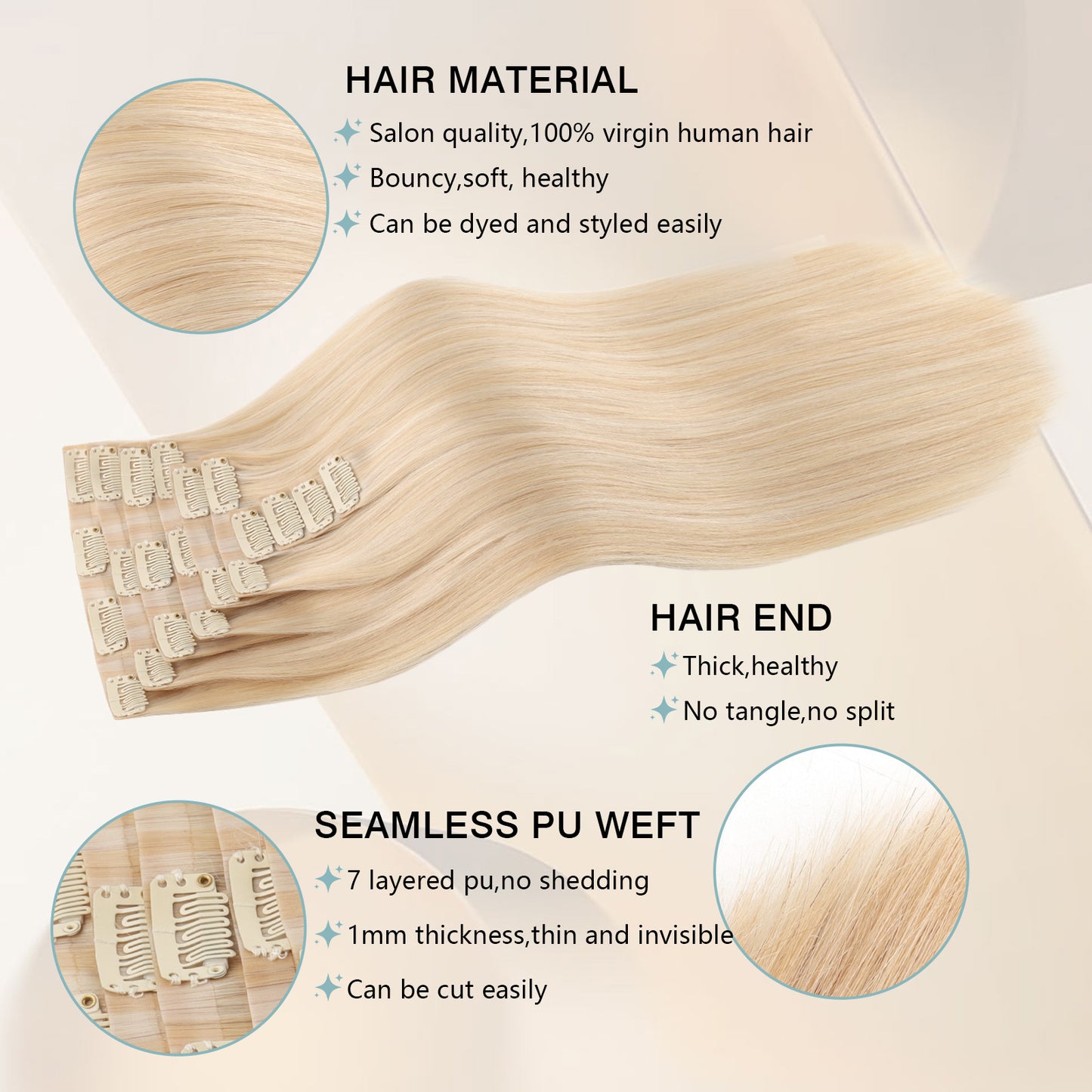 Seamless PU Clip in Extensions Virgin Hair Highlights P18/613#