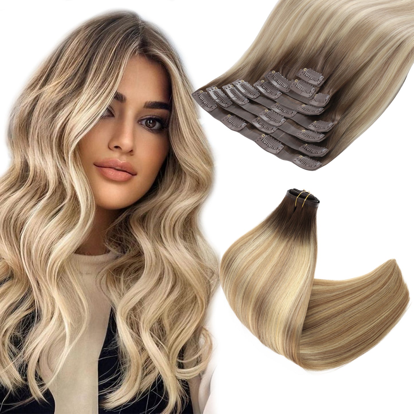 Seamless PU Clip in Extensions Virgin Hair Rooted Highlights R3-P8/613#