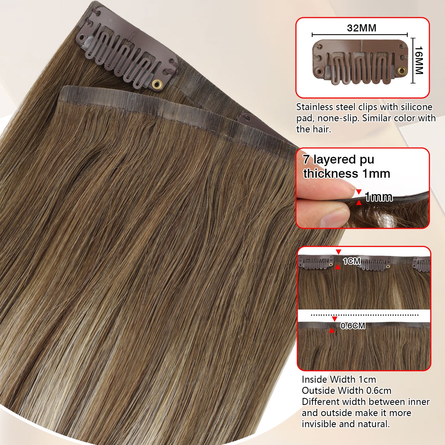 Seamless PU Clip in Extensions Virgin Hair Rooted Highlights R3-P3/60#