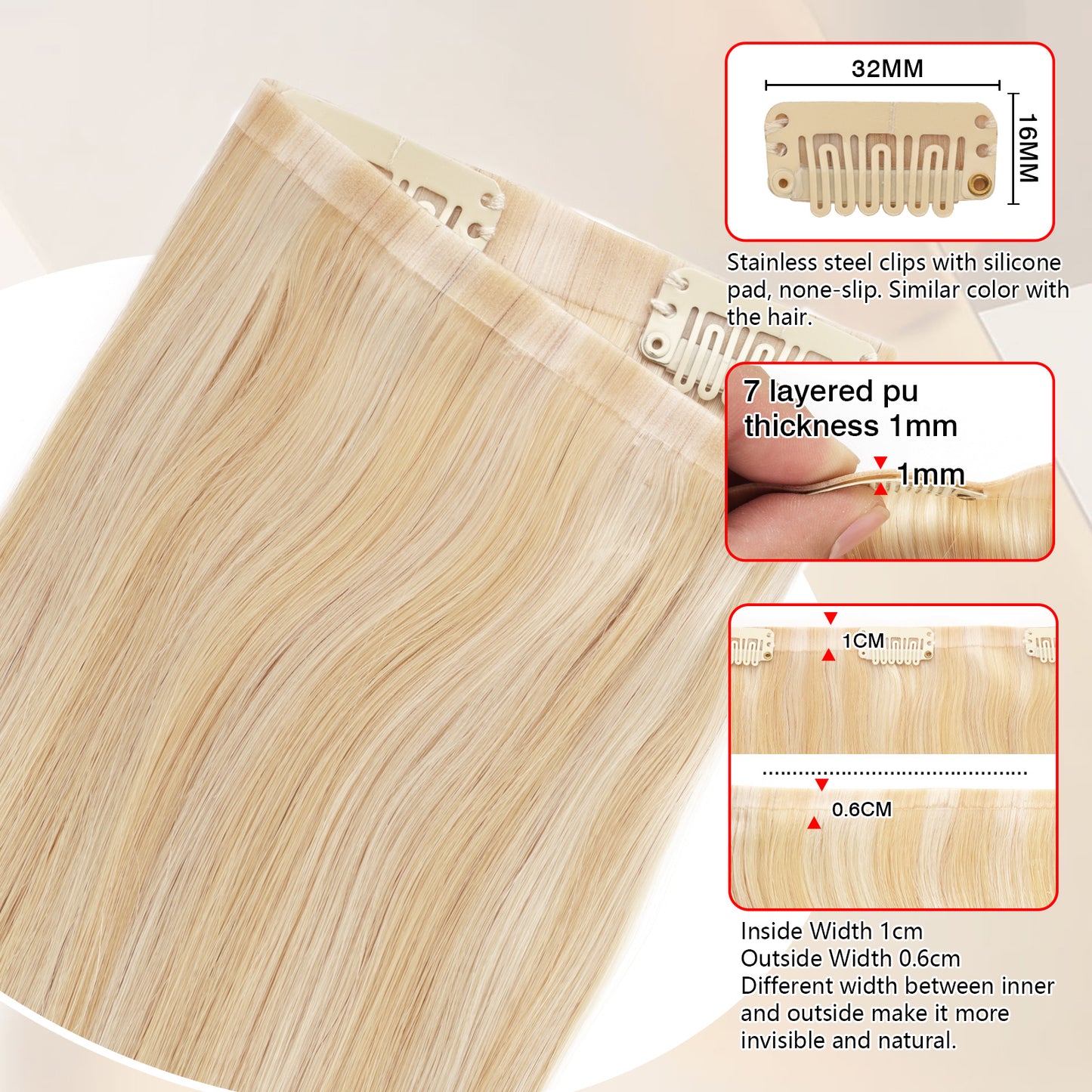 Seamless PU Clip in Extensions Virgin Hair Highlights P18/613#