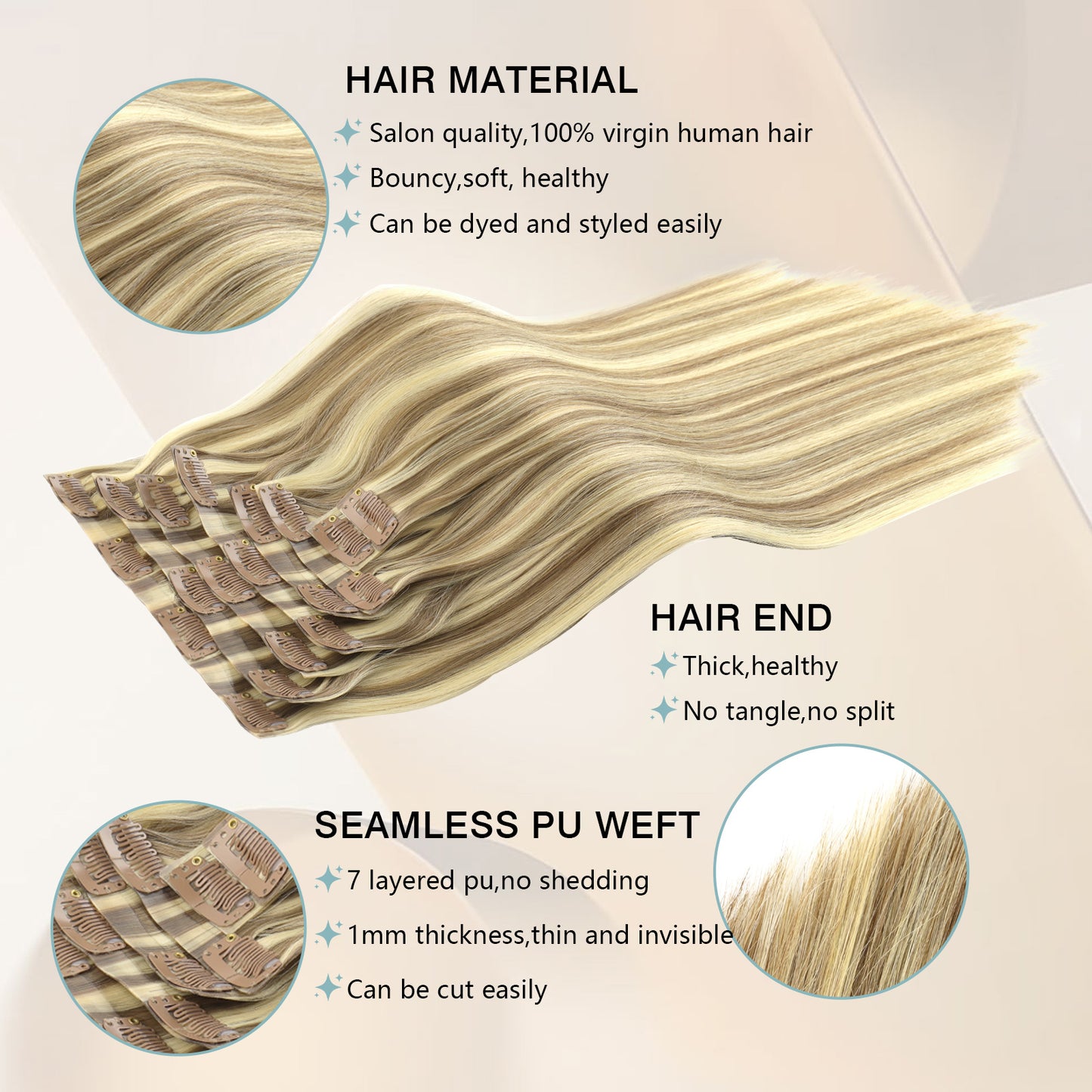 Seamless PU Clip in Extensions Virgin Hair Highlights P6/24#