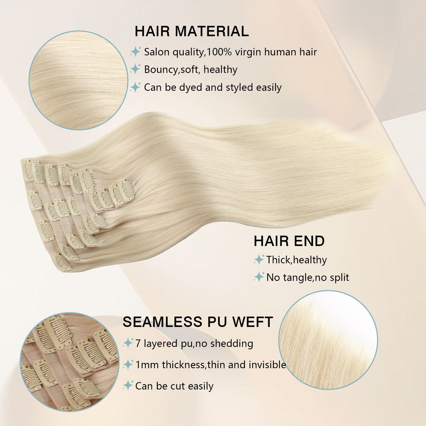 Seamless PU Clip in Extensions Virgin Hair 60# Light Blonde