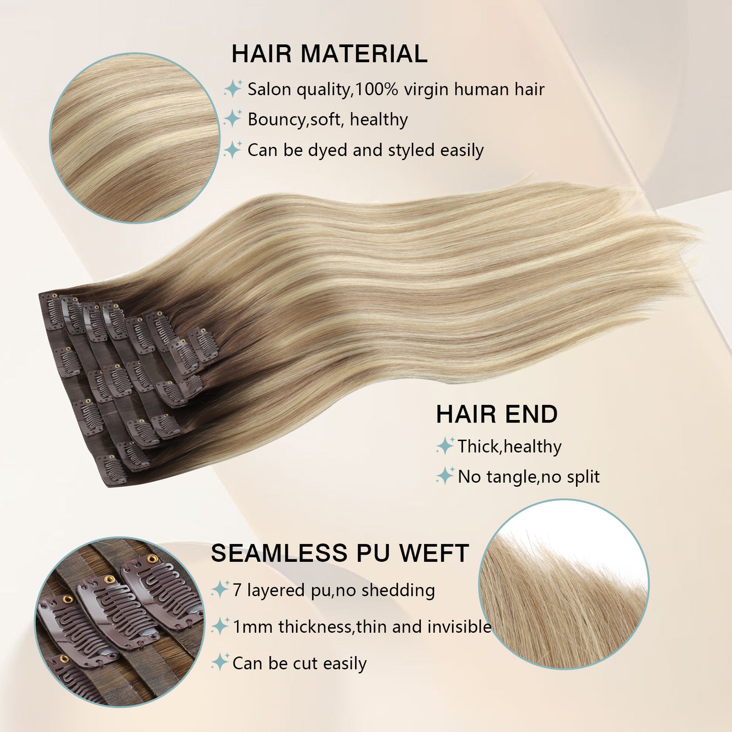 Seamless PU Clip in Extensions Virgin Hair Rooted Highlights R3-P8/613#