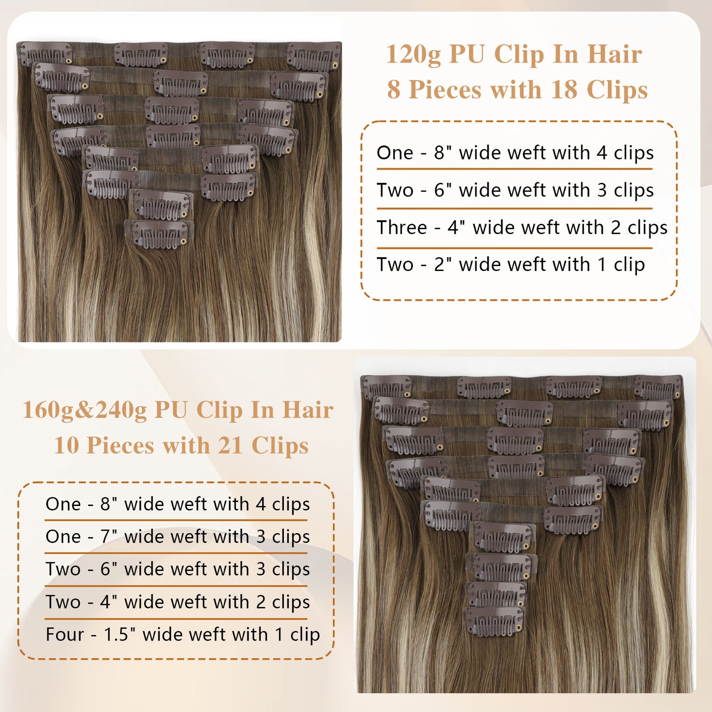 Seamless PU Clip in Extensions Virgin Hair Rooted Highlights R3-P3/60#