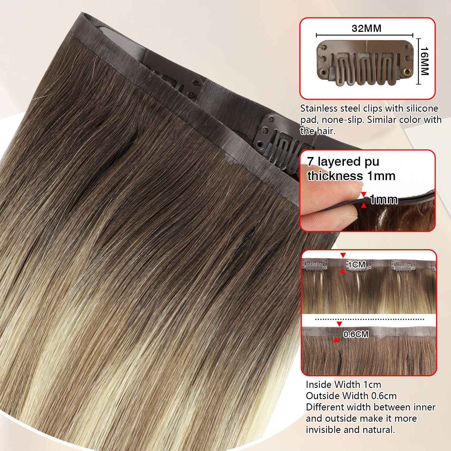 Seamless PU Clip in Extensions Virgin Hair Rooted Highlights R3-P8/613#