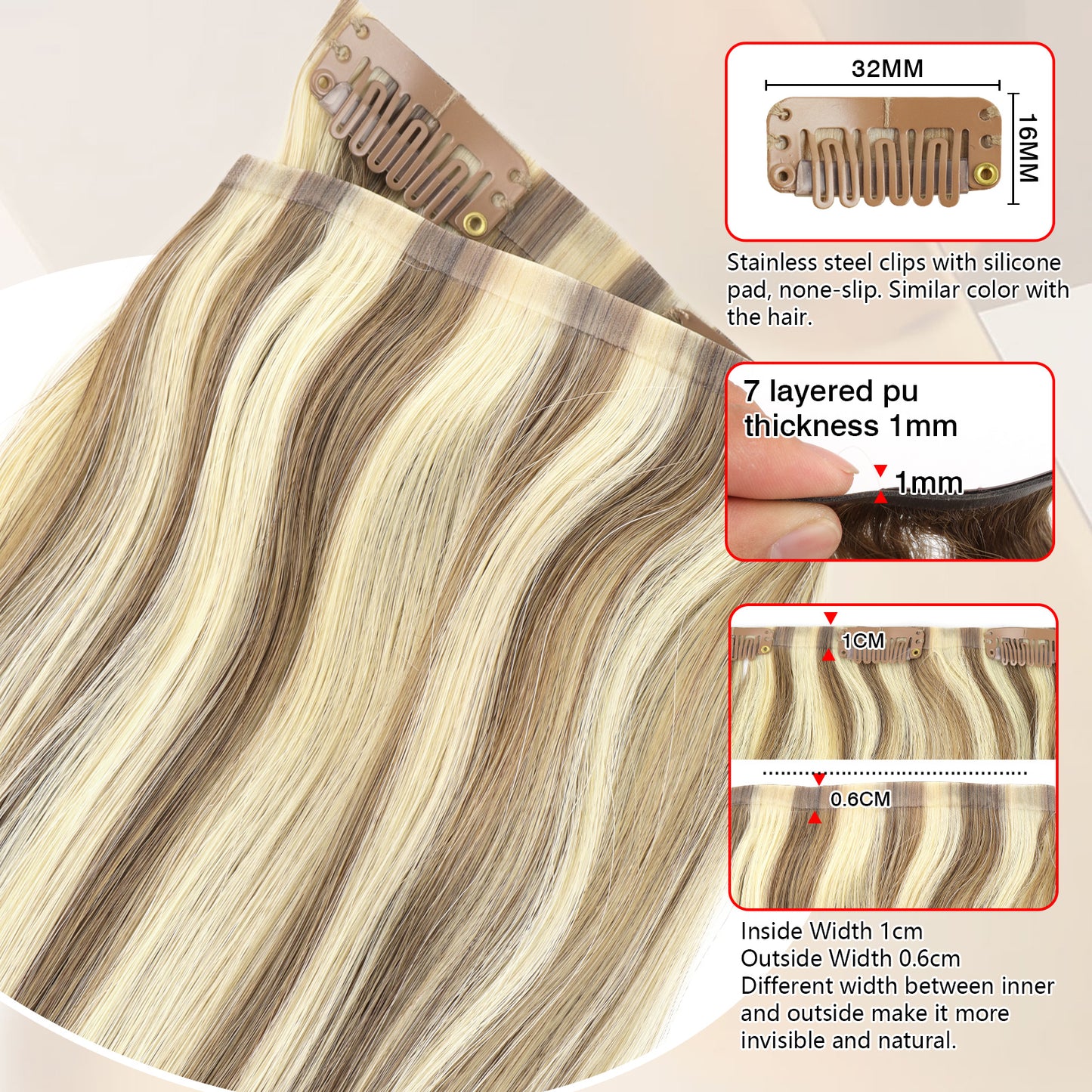 Seamless PU Clip in Extensions Virgin Hair Highlights P6/24#