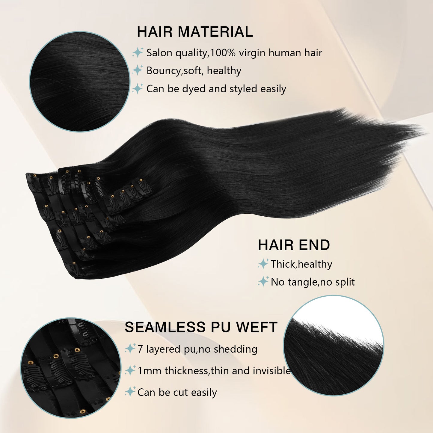 Seamless PU Clip in Extensions Virgin Hair 1# Jet Black
