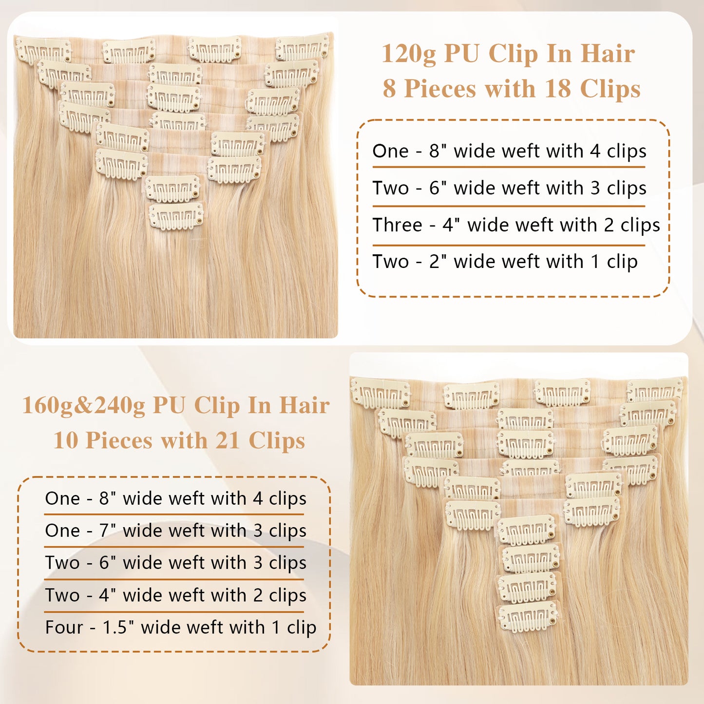 Seamless PU Clip in Extensions Virgin Hair Highlights P18/613#