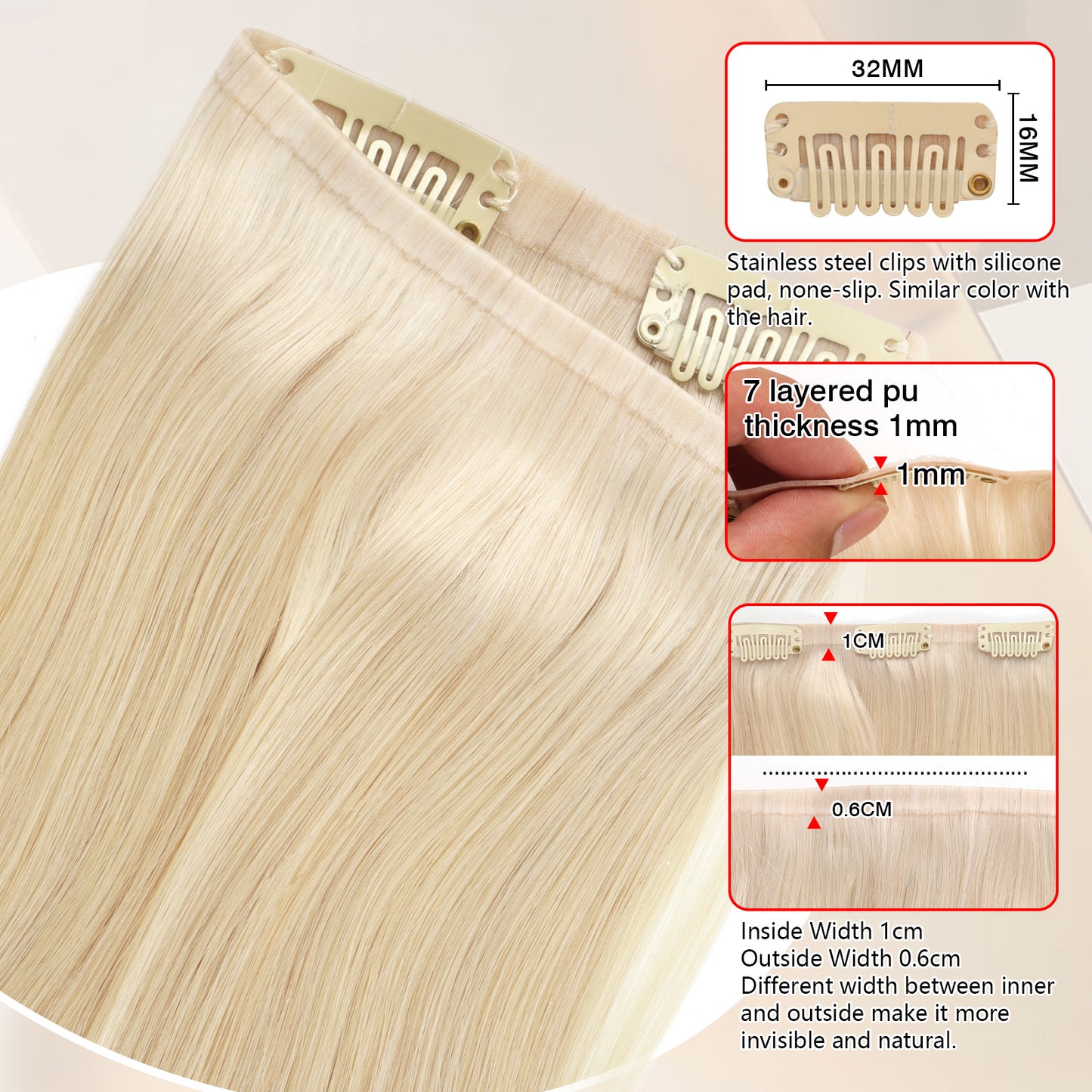 Seamless PU Clip in Extensions Virgin Hair 60# Light Blonde