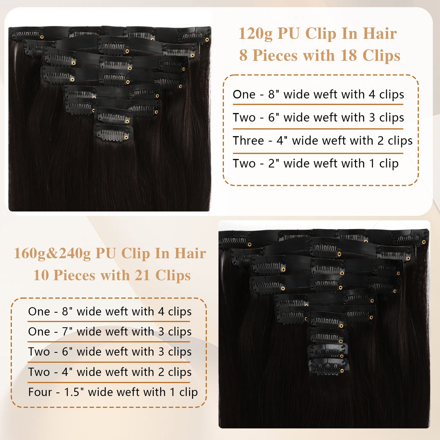 Seamless PU Clip in Extensions Virgin Hair 1B# Off Black