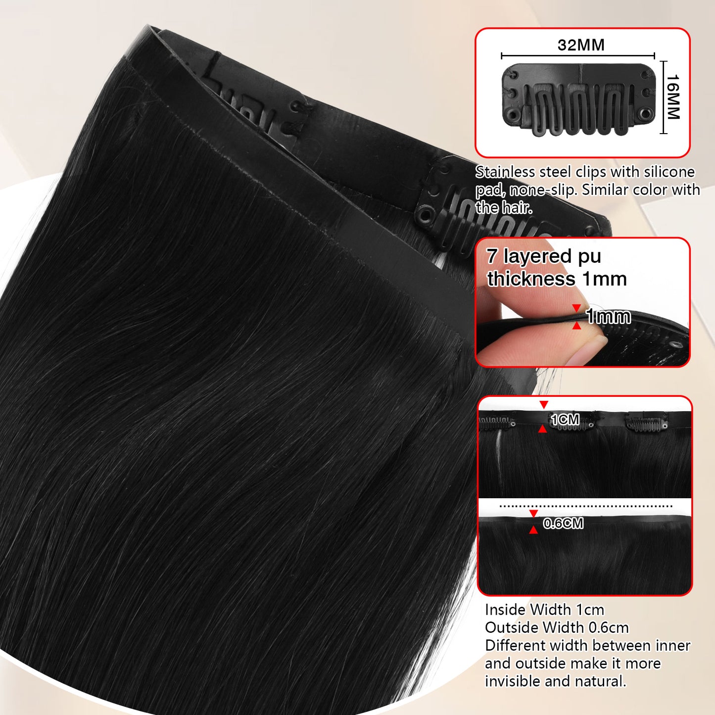 Seamless PU Clip in Extensions Virgin Hair 1# Jet Black