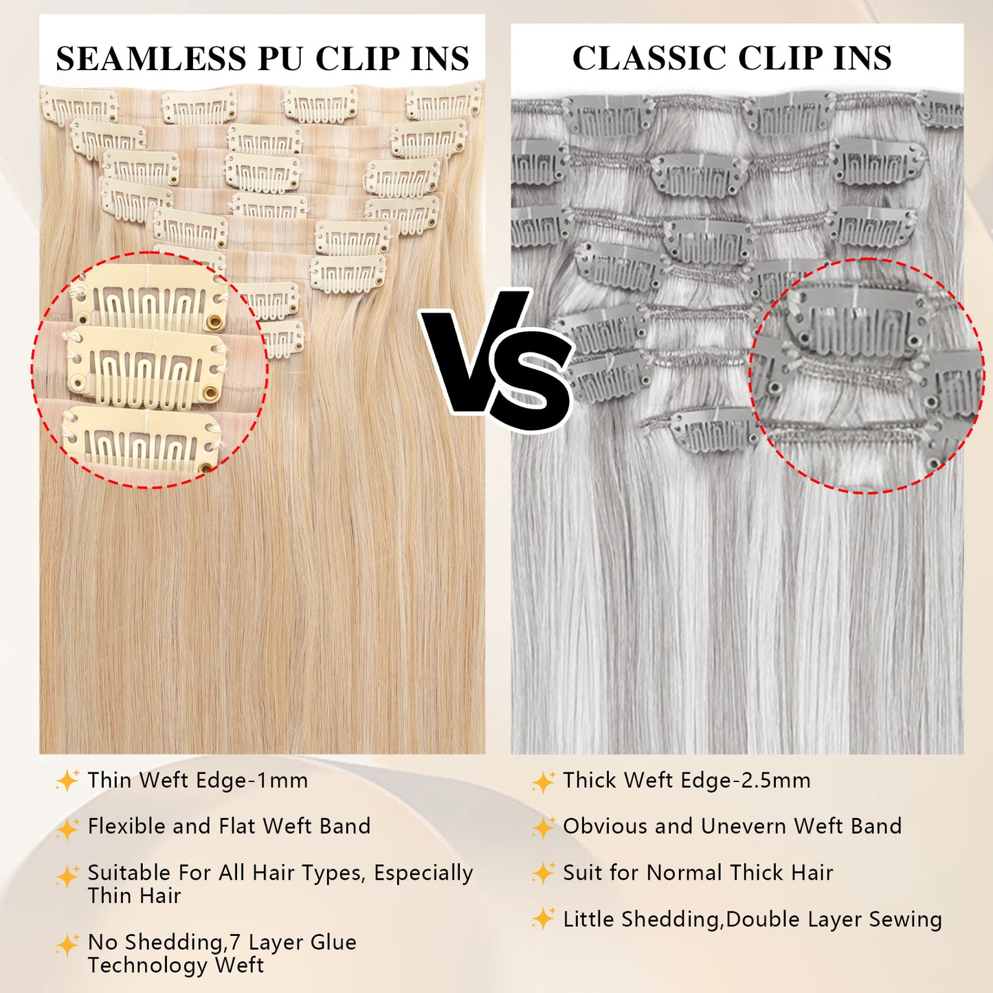 Seamless PU Clip in Extensions Virgin Hair Highlights P18/613#