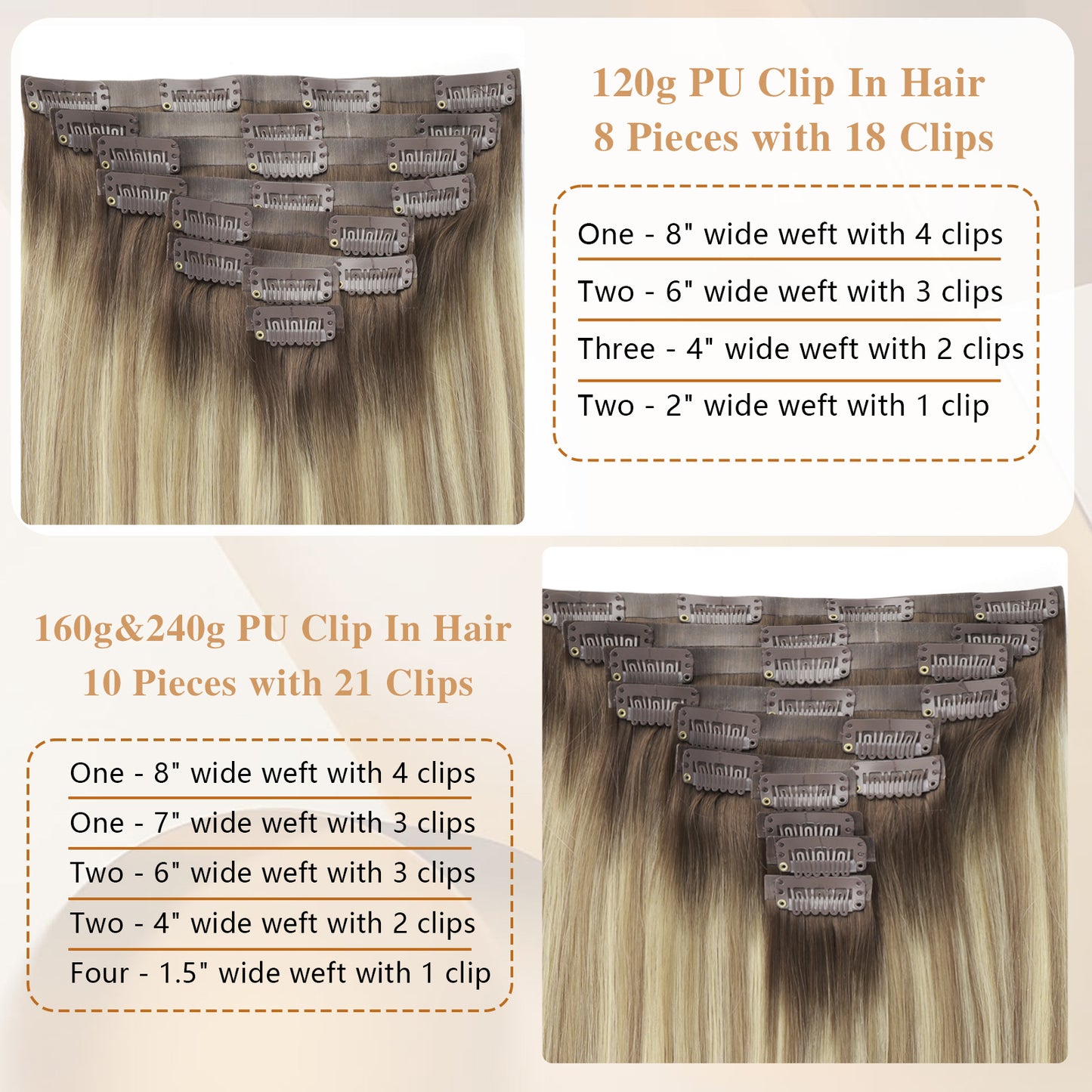 Seamless PU Clip in Extensions Virgin Hair Rooted Highlights R3-P8/613#