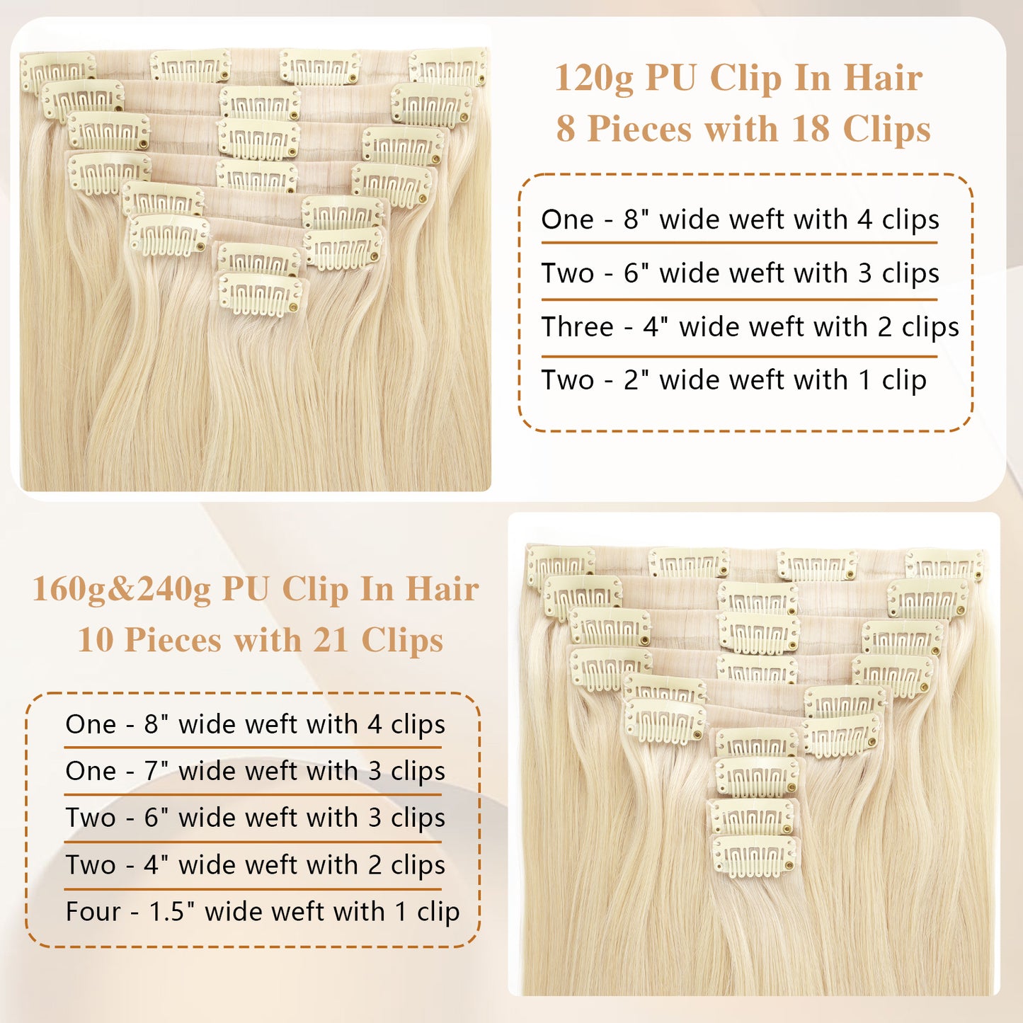 Seamless PU Clip in Extensions Virgin Hair 60# Light Blonde