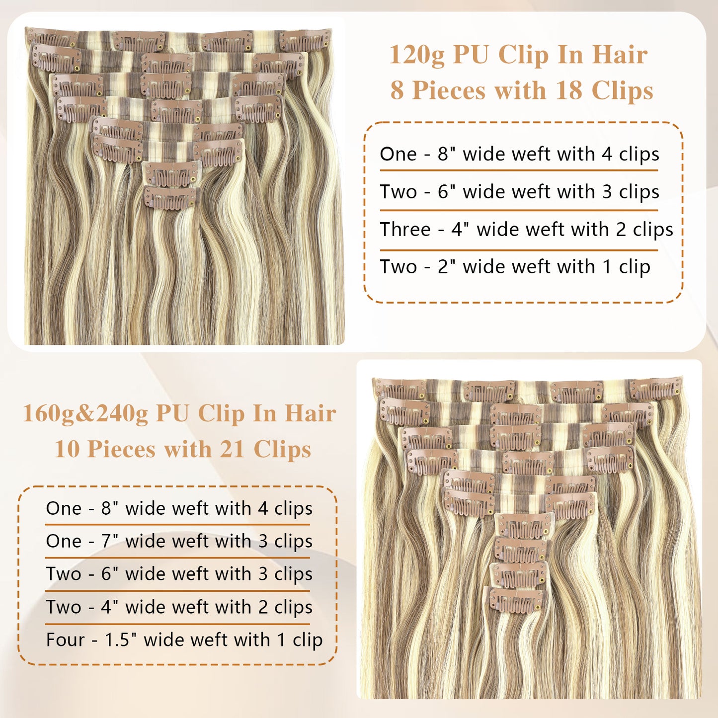 Seamless PU Clip in Extensions Virgin Hair Highlights P6/24#