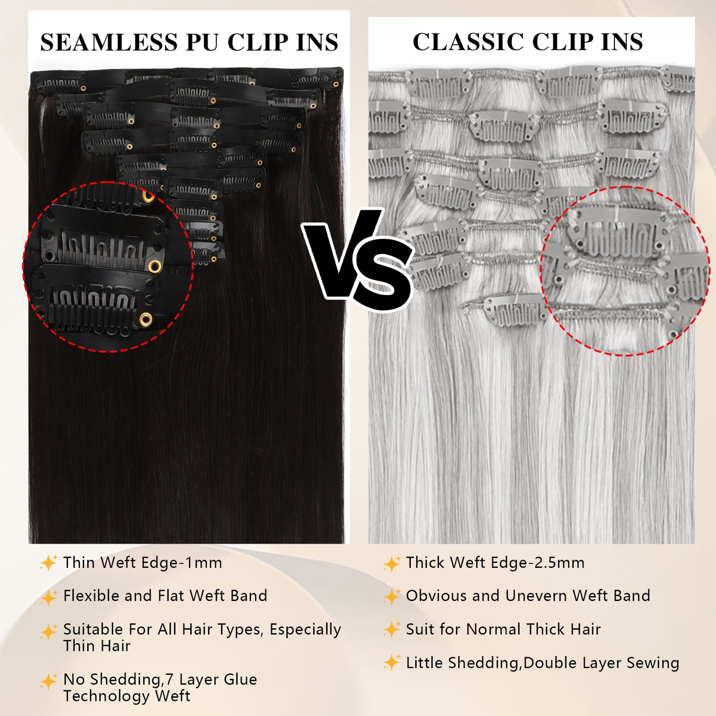 Seamless PU Clip in Extensions Virgin Hair 1B# Off Black