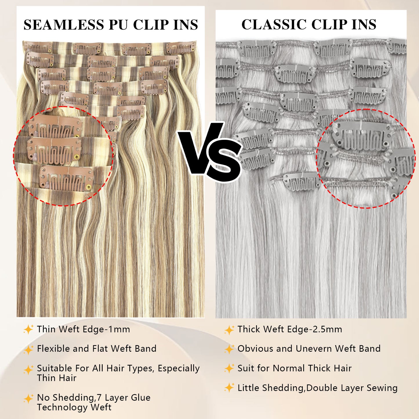 Seamless PU Clip in Extensions Virgin Hair Highlights P6/24#