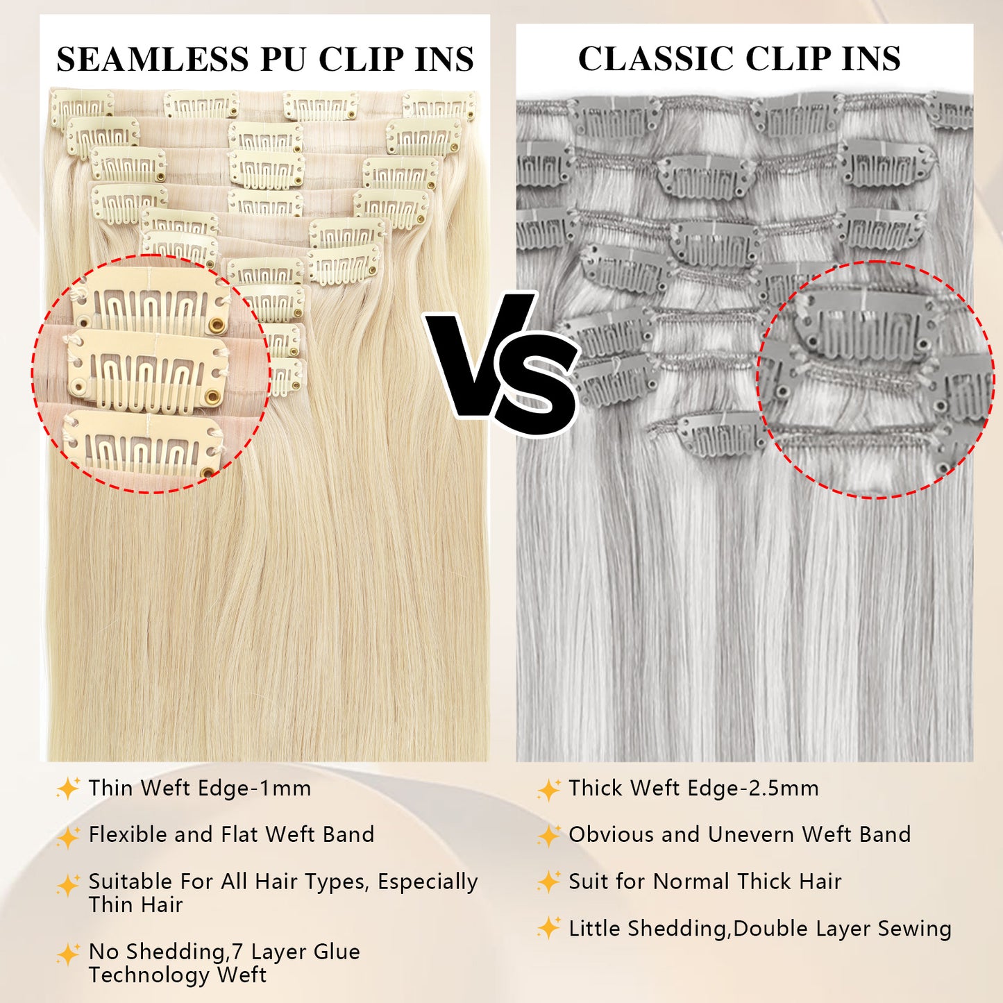 Seamless PU Clip in Extensions Virgin Hair 60# Light Blonde
