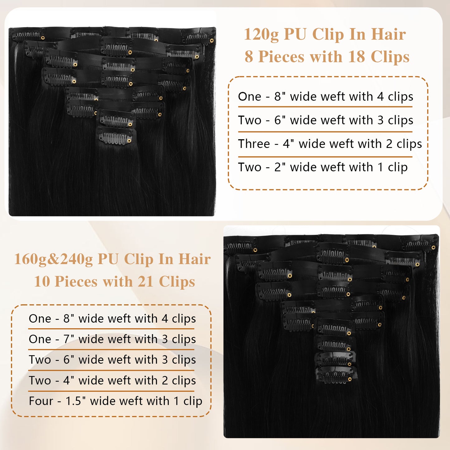 Seamless PU Clip in Extensions Virgin Hair 1# Jet Black