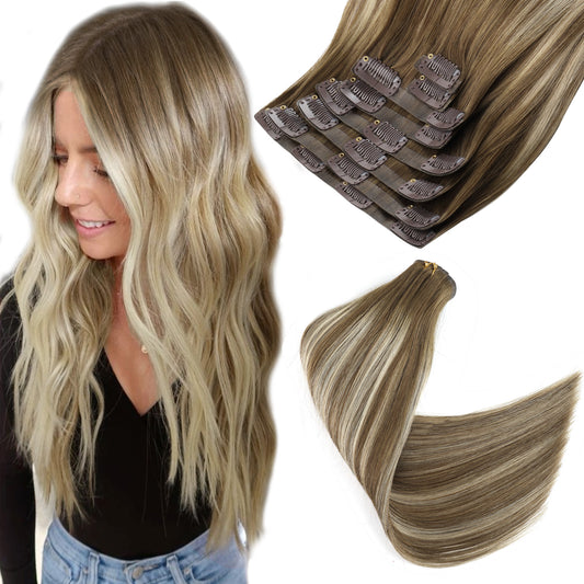 Seamless PU Clip in Extensions Virgin Hair Rooted Highlights R3-P3/60#