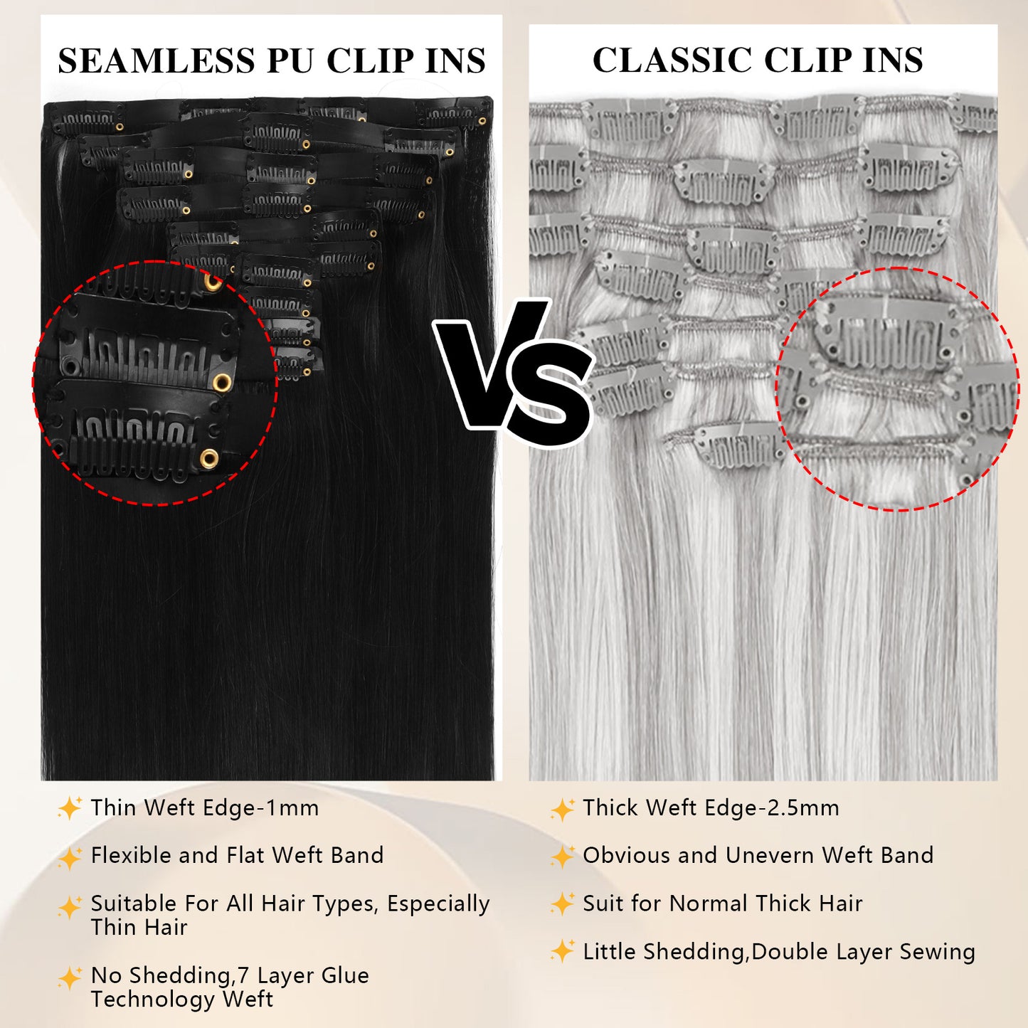 Seamless PU Clip in Extensions Virgin Hair 1# Jet Black