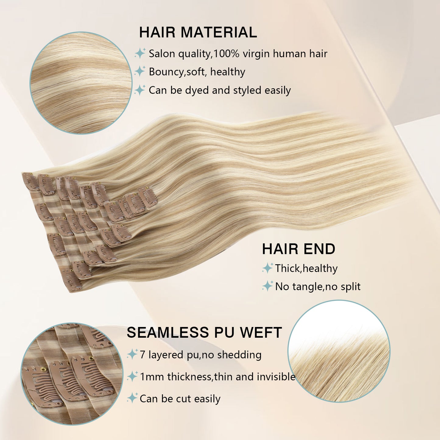 Seamless PU Clip in Extensions Virgin Hair Highlights P8/60#
