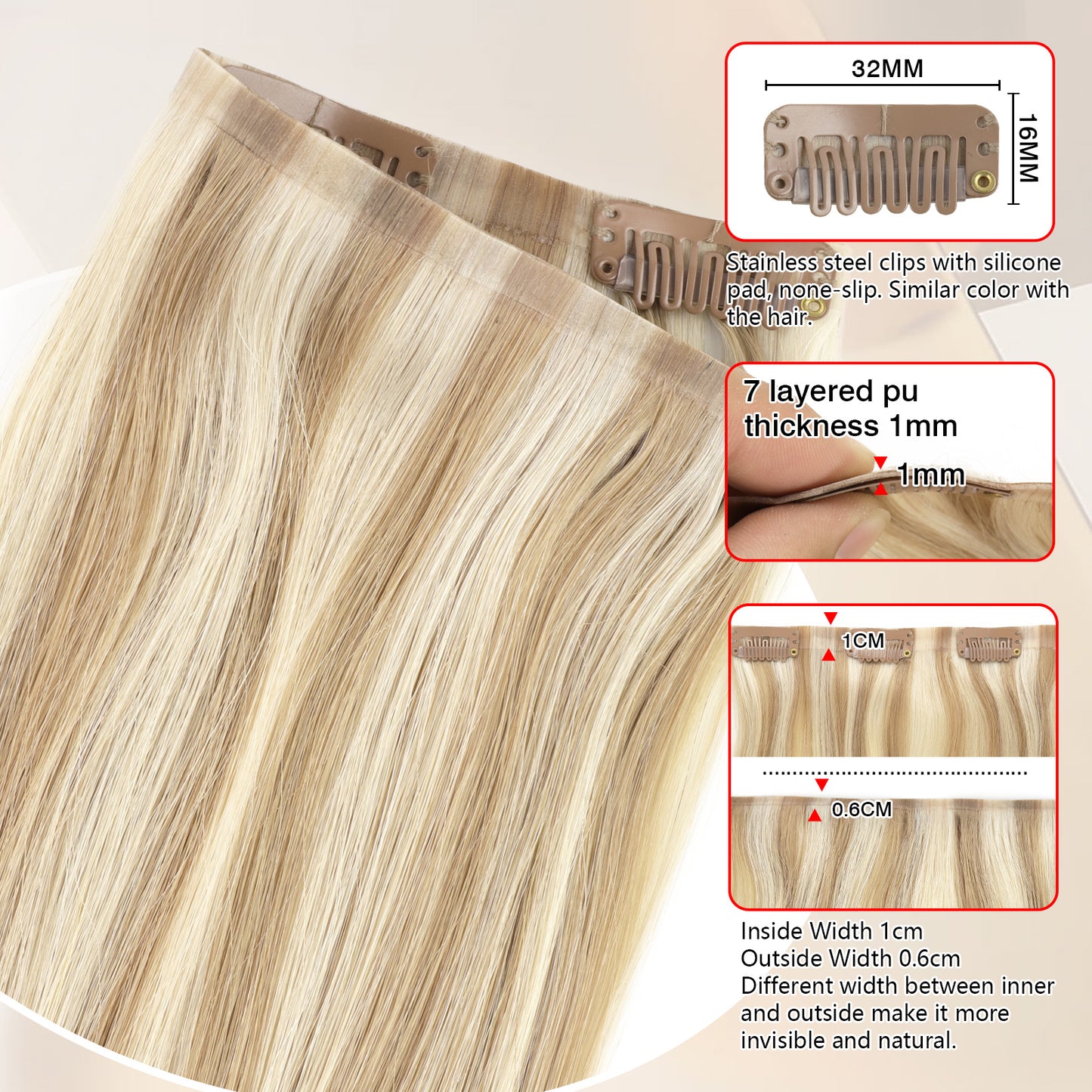 Seamless PU Clip in Extensions Virgin Hair Highlights P8/60#