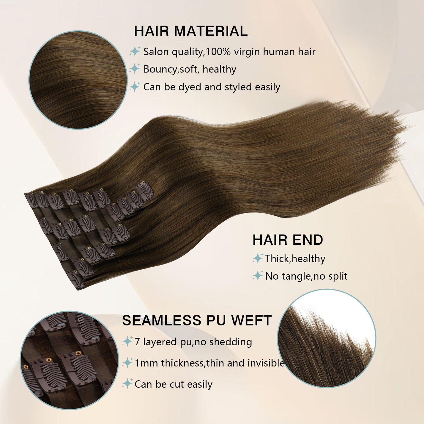 Seamless PU Clip in Extensions Virgin Hair 6# Chesnut Brown