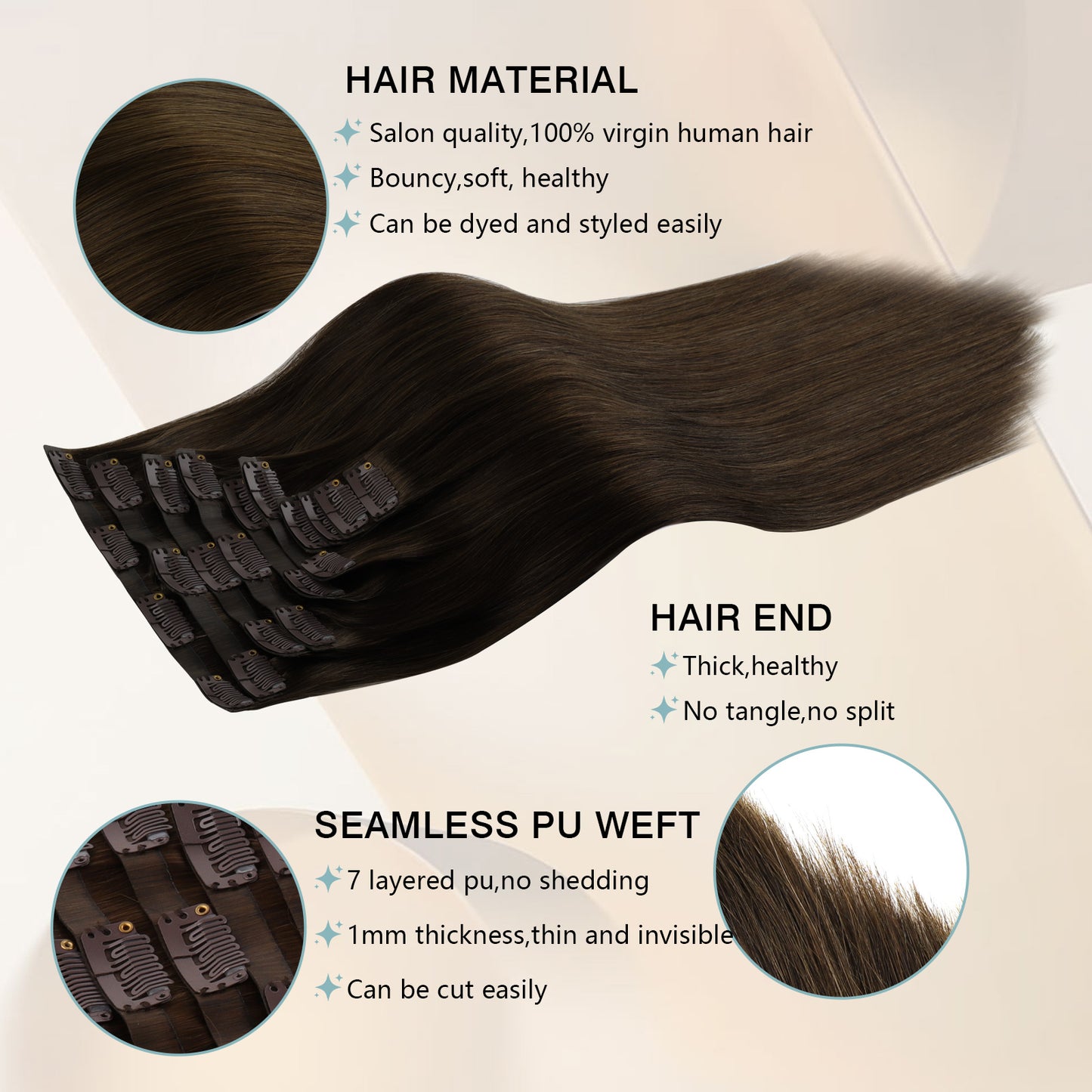 Seamless PU Clip in Extensions Virgin Hair 2A# Dark Chocolate Brown