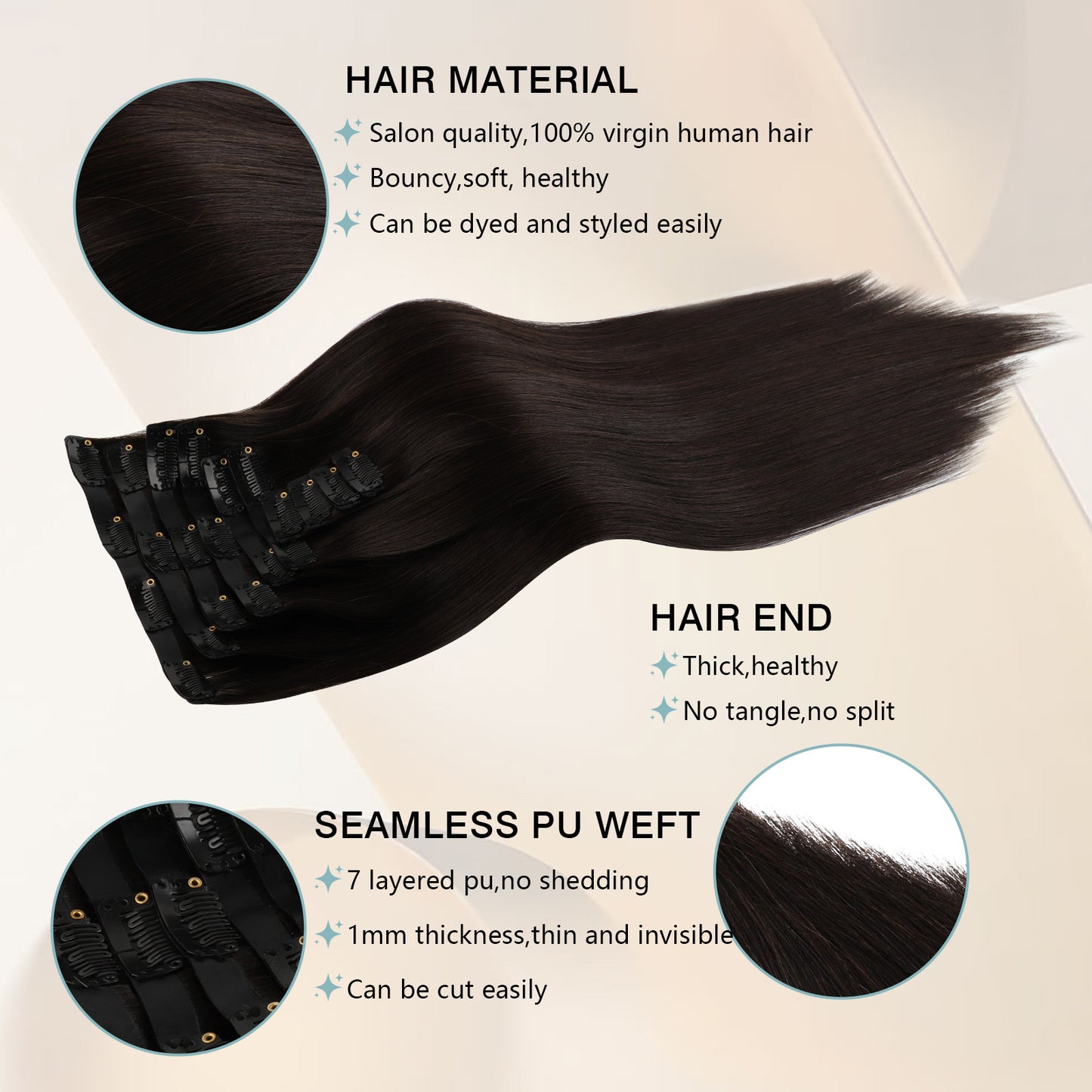 Seamless PU Clip in Extensions Virgin Hair 1B# Off Black