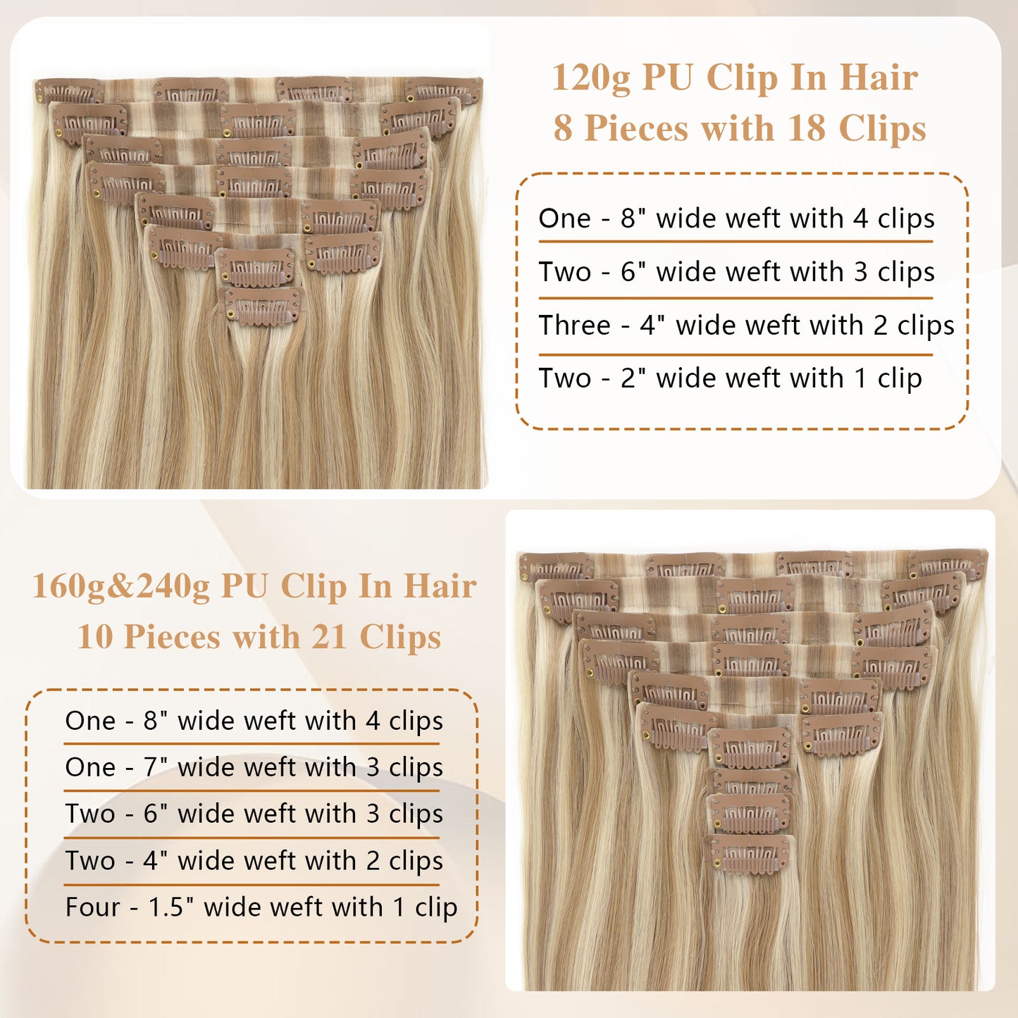 Seamless PU Clip in Extensions Virgin Hair Highlights P8/60#