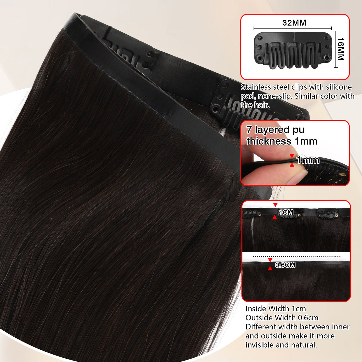 Seamless PU Clip in Extensions Virgin Hair 1B# Off Black