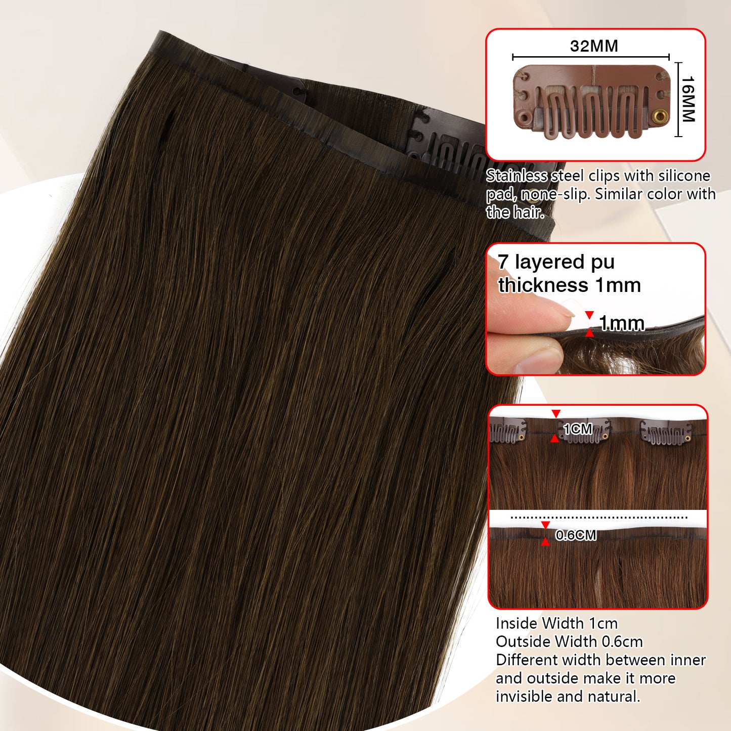 Seamless PU Clip in Extensions Virgin Hair 6# Chesnut Brown