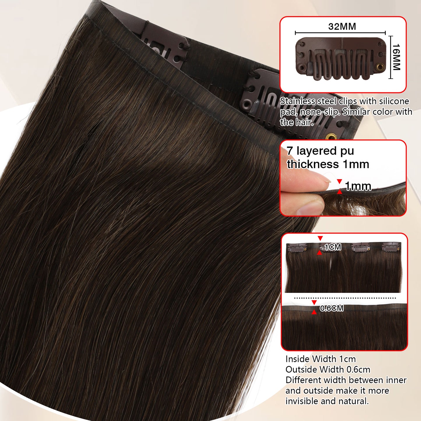 Seamless PU Clip in Extensions Virgin Hair 2A# Dark Chocolate Brown