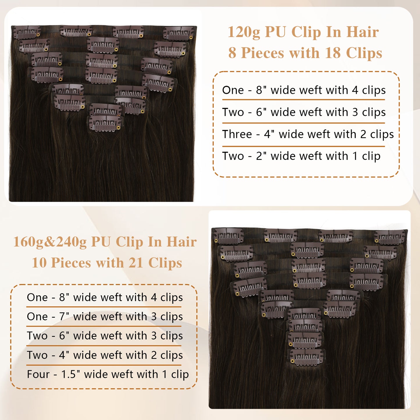 Seamless PU Clip in Extensions Virgin Hair 2A# Dark Chocolate Brown