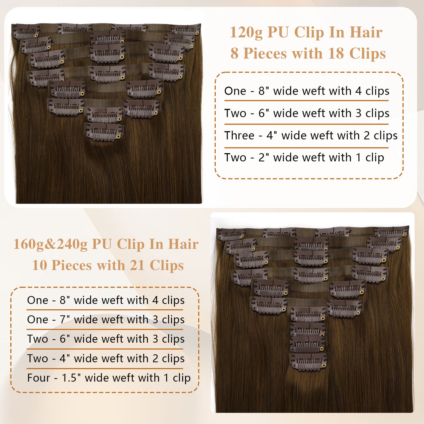 Seamless PU Clip in Extensions Virgin Hair 6# Chesnut Brown