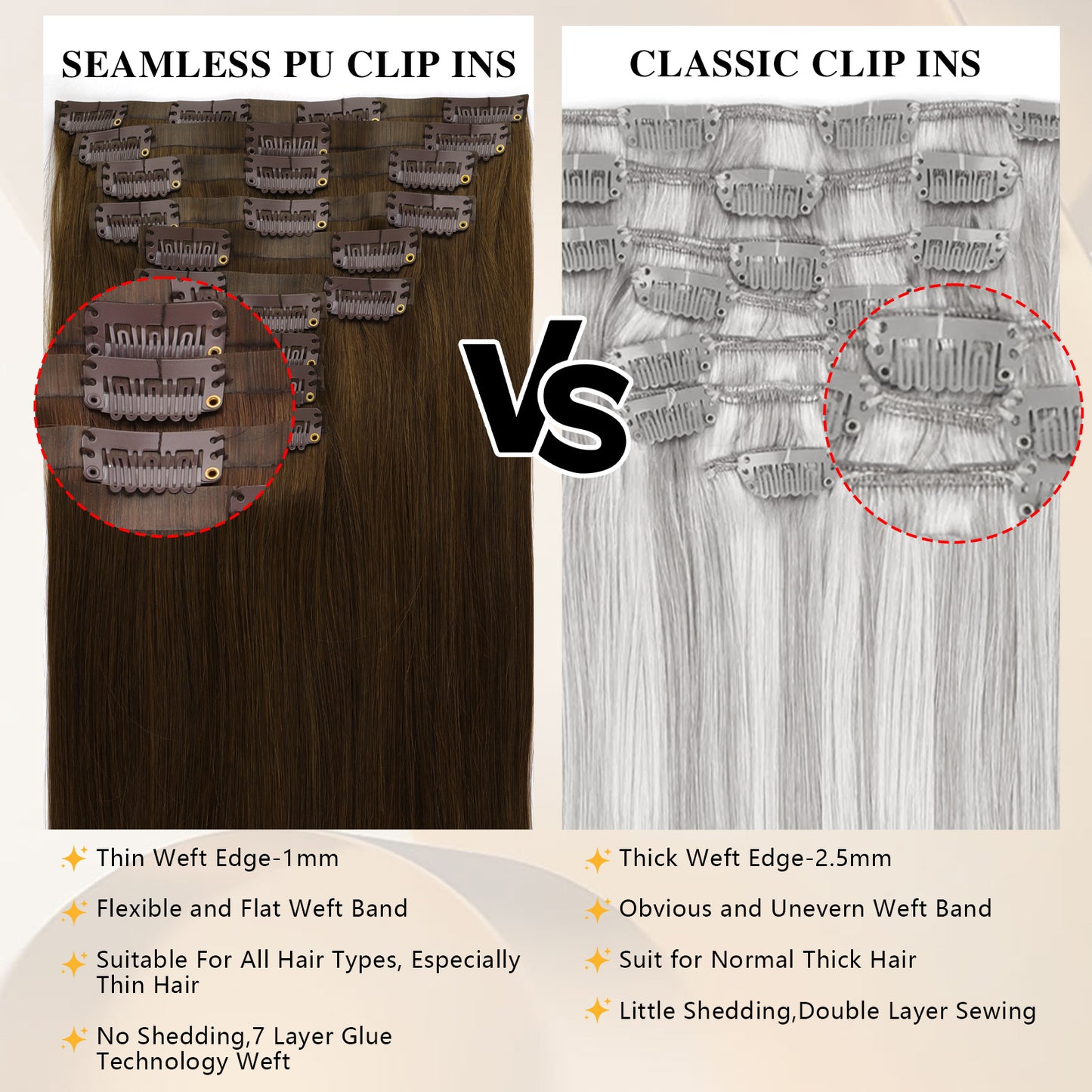 Seamless PU Clip in Extensions Virgin Hair 6# Chesnut Brown