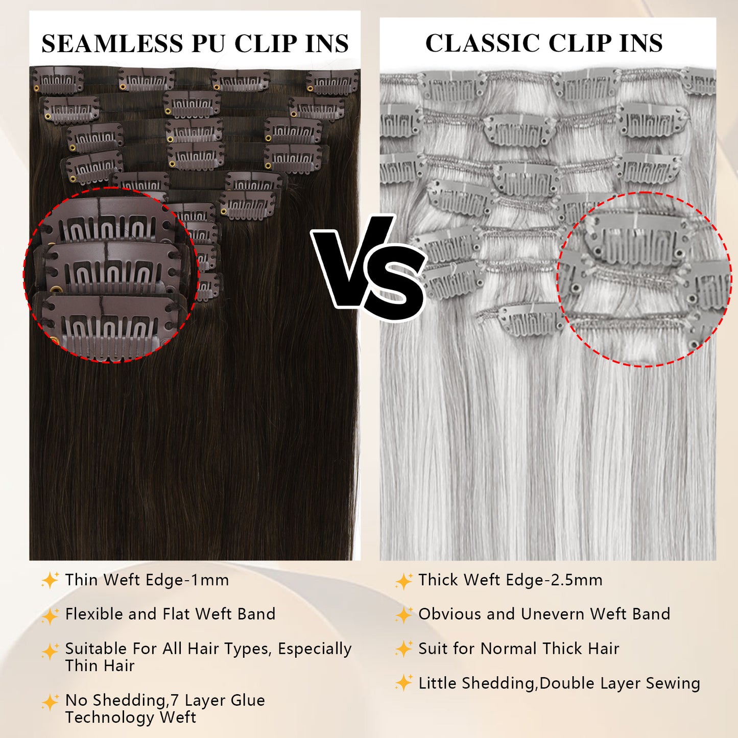 Seamless PU Clip in Extensions Virgin Hair 2A# Dark Chocolate Brown