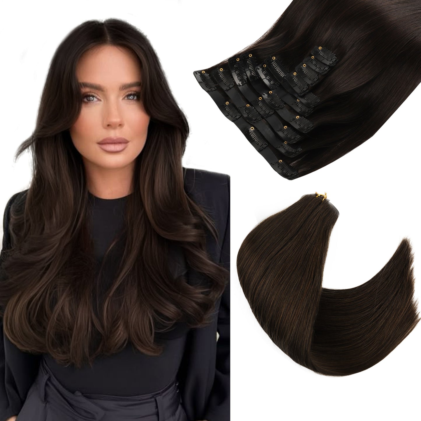 Seamless PU Clip in Extensions Virgin Hair 2A# Dark Chocolate Brown